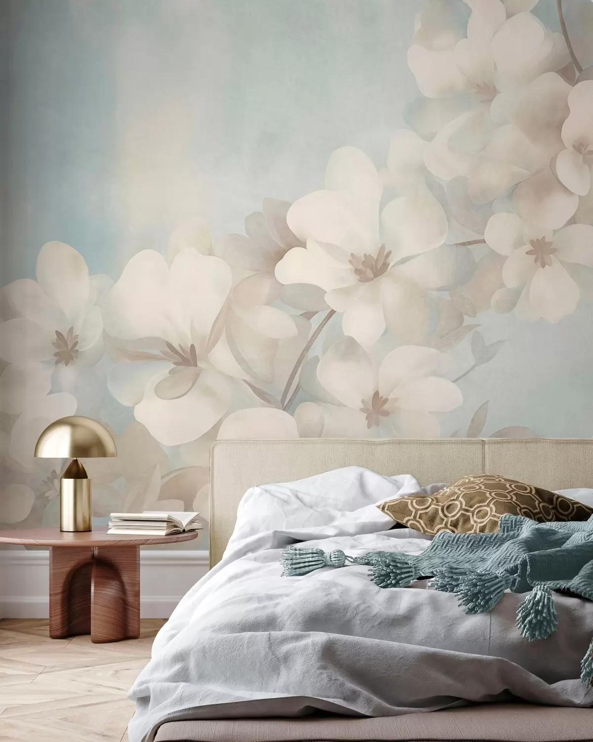 carta da parati Fiori bianchi su un ramo, tenui colori pastello, sfondo azzurro con effetto materico nr. w10107