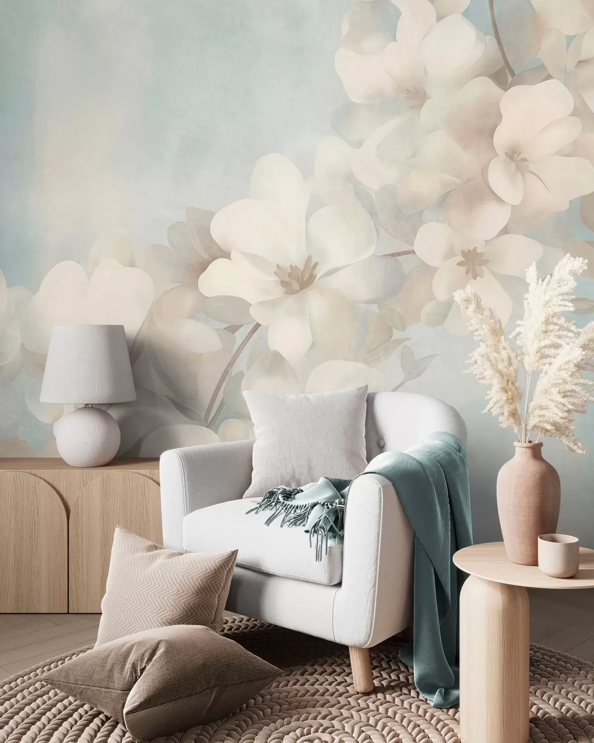 carta da parati Fiori bianchi su un ramo, tenui colori pastello, sfondo azzurro con effetto materico nr. w10107