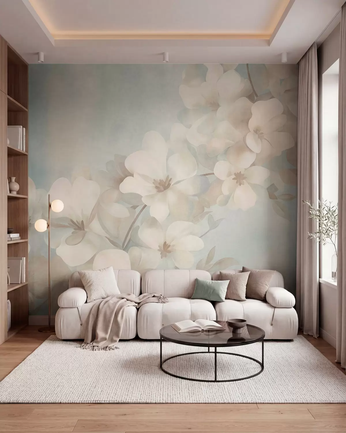 carta da parati Fiori bianchi su un ramo, tenui colori pastello, sfondo azzurro con effetto materico nr. w10107