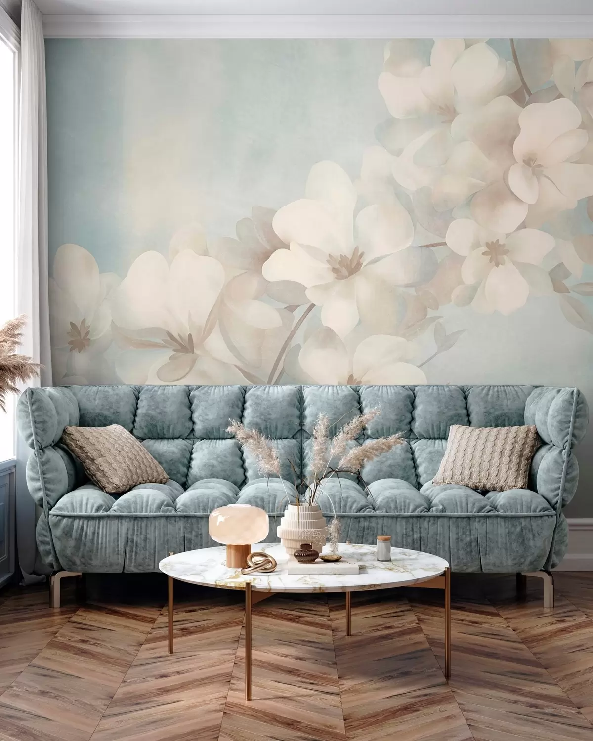 carta da parati Fiori bianchi su un ramo, tenui colori pastello, sfondo azzurro con effetto materico nr. w10107