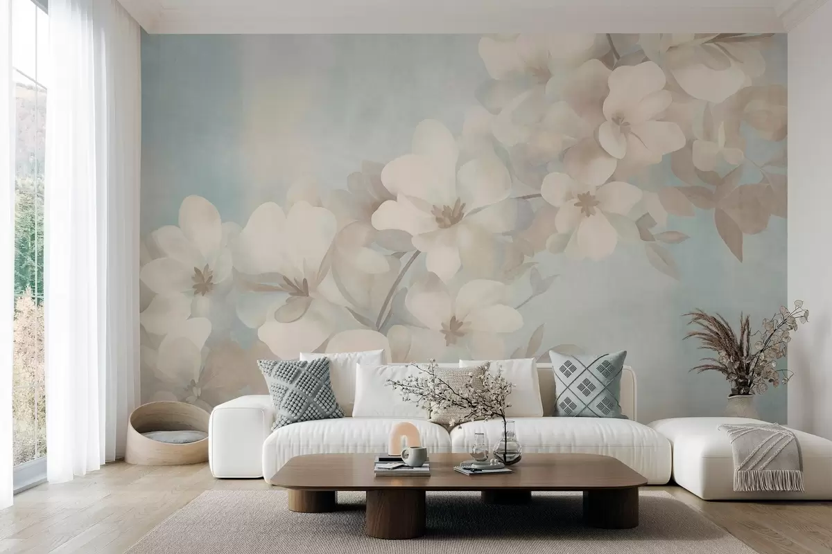 carta da parati Fiori bianchi su un ramo, tenui colori pastello, sfondo azzurro con effetto materico nr. w10107