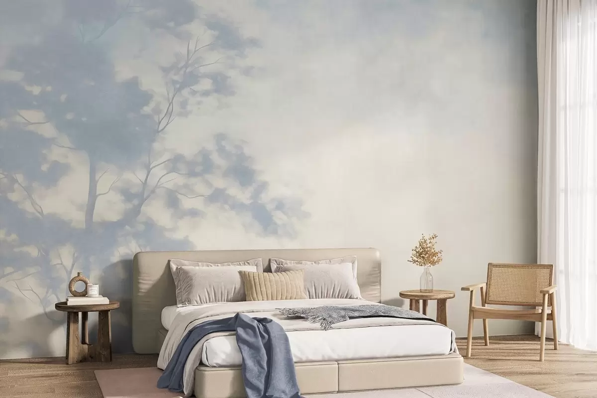 carta da parati Albero con texture e rami, su sfondo color crema chiaro e azzurro, arte minimalista nr. w10108