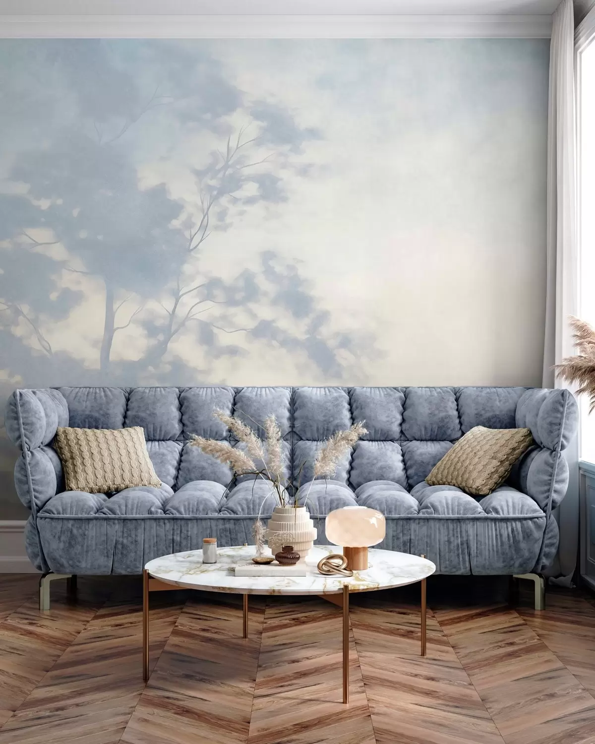 carta da parati Albero con texture e rami, su sfondo color crema chiaro e azzurro, arte minimalista nr. w10108