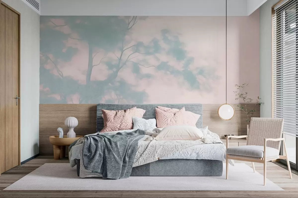 carta da parati Albero con texture e rami, sfondo rosa pallido e turchese, arte minimalista nr. w10108v1