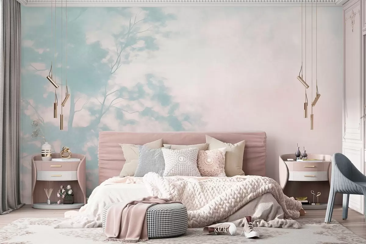 carta da parati Albero con texture e rami, sfondo rosa pallido e turchese, arte minimalista nr. w10108v1