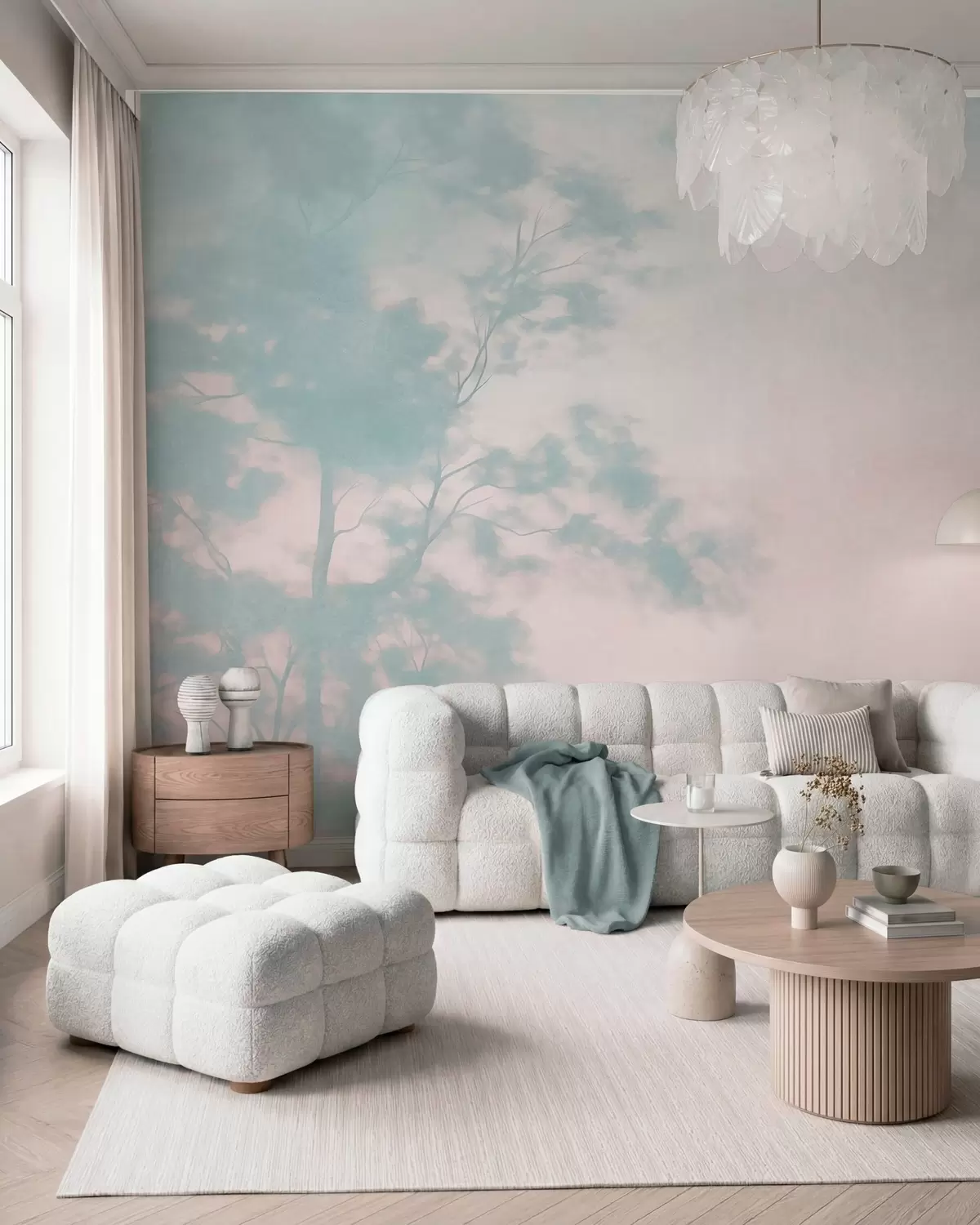 carta da parati Albero con texture e rami, sfondo rosa pallido e turchese, arte minimalista nr. w10108v1