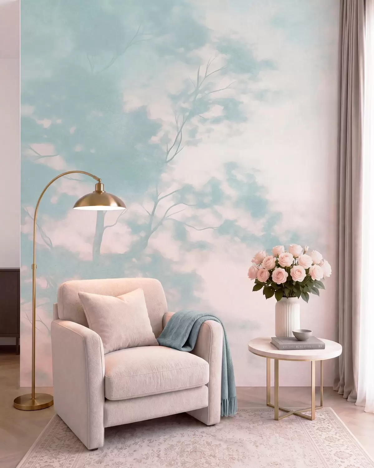 carta da parati Albero con texture e rami, sfondo rosa pallido e turchese, arte minimalista nr. w10108v1