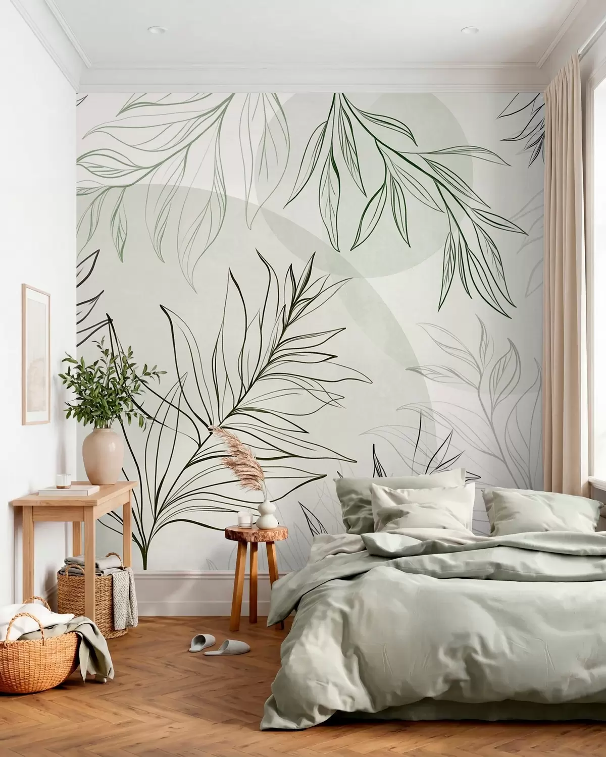 carta da parati Disegni minimalisti di foglie e fogliame tropicali, forme circolari dai colori pastello nr. w10111v2