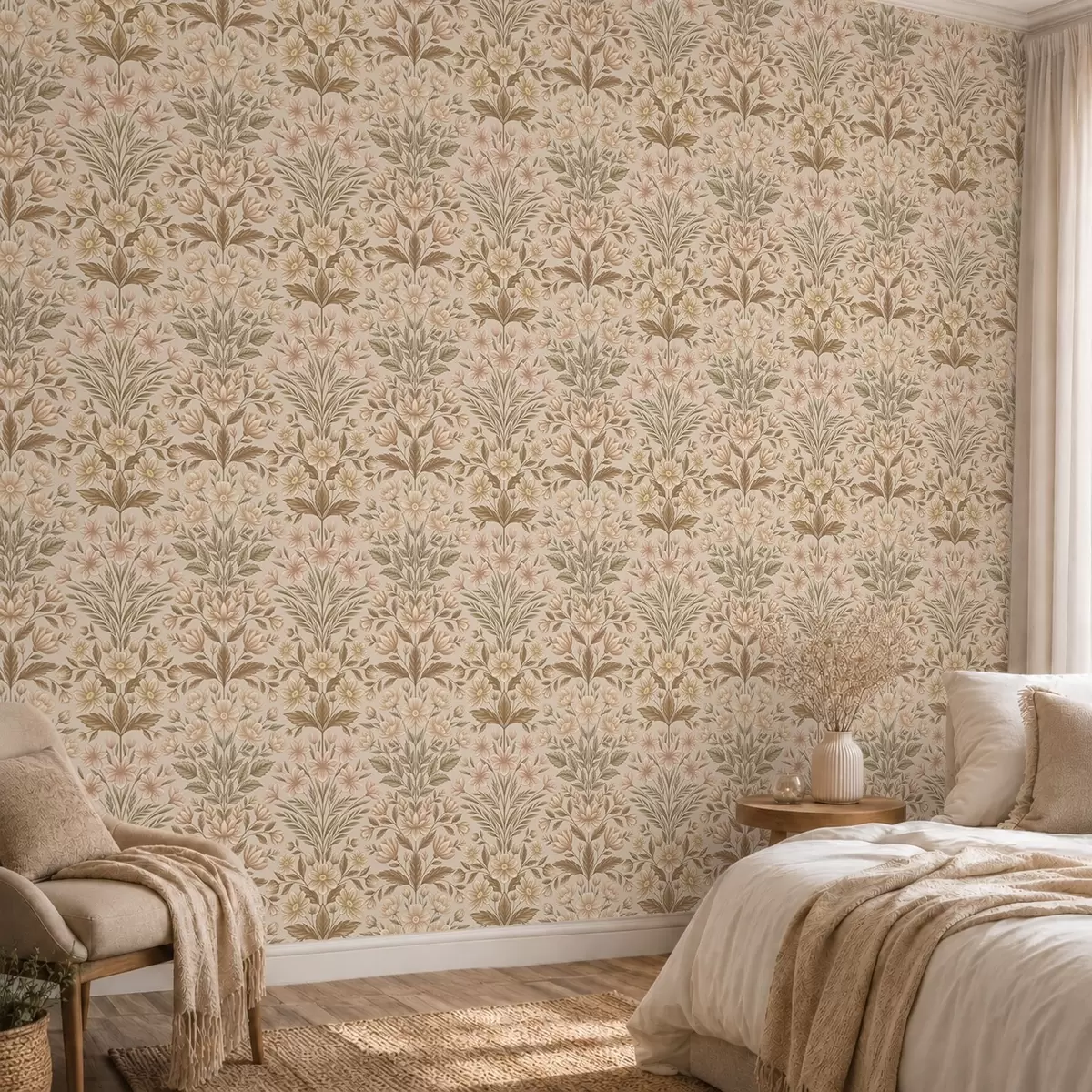 Carta da parati Fiori di pesco e foglie verde oliva su uno sfondo beige a01279v1