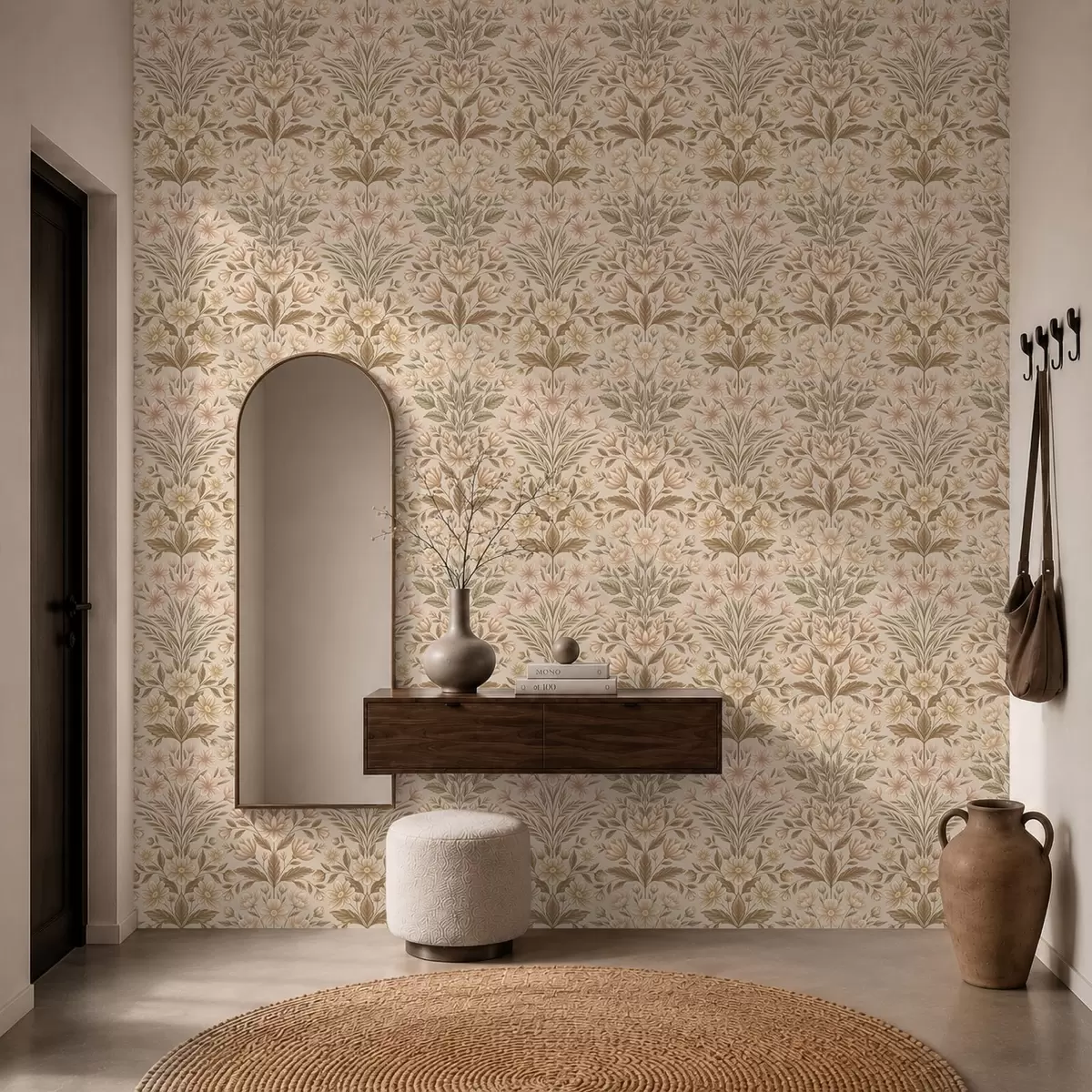 Carta da parati Fiori di pesco e foglie verde oliva su uno sfondo beige a01279v1