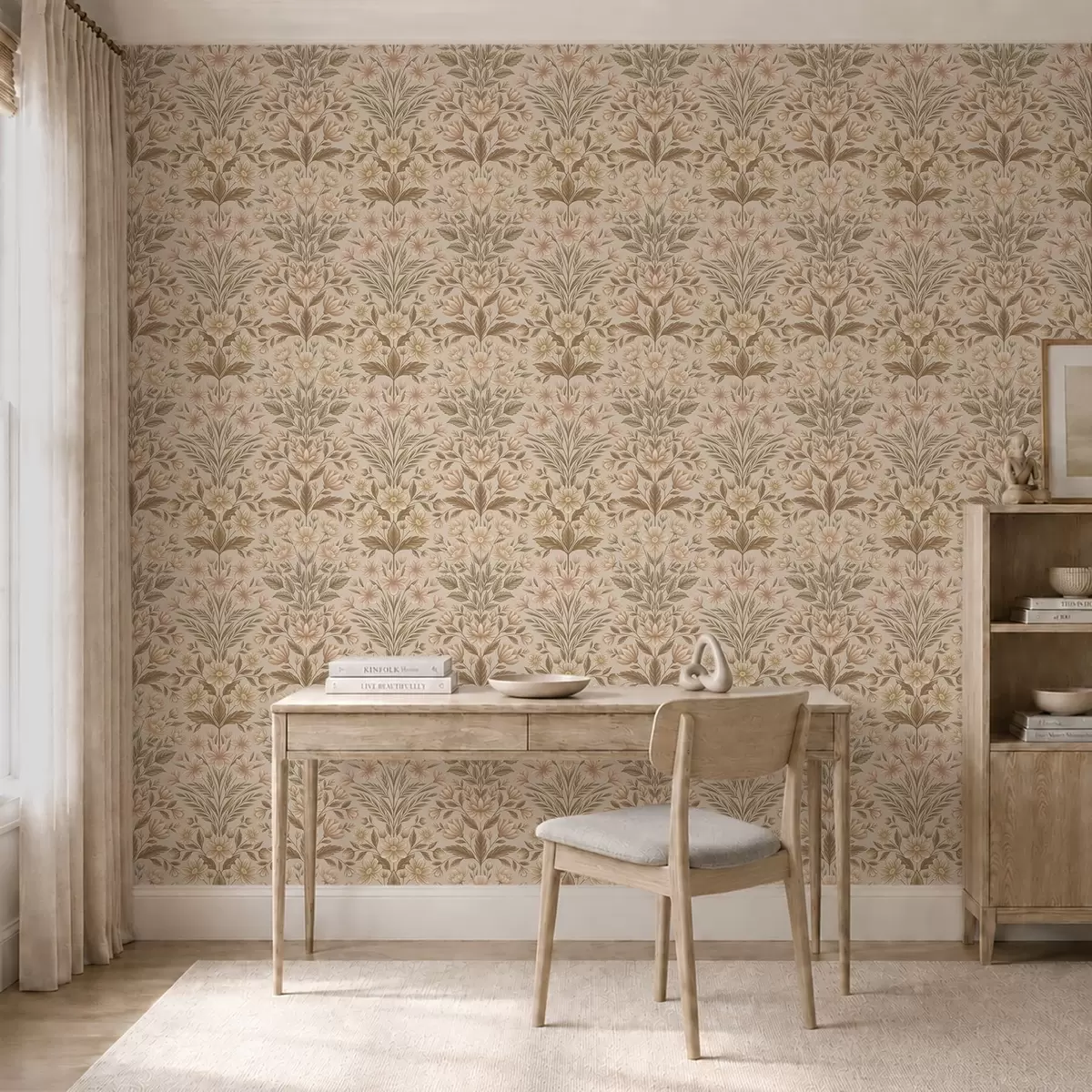 Carta da parati Fiori di pesco e foglie verde oliva su uno sfondo beige a01279v1