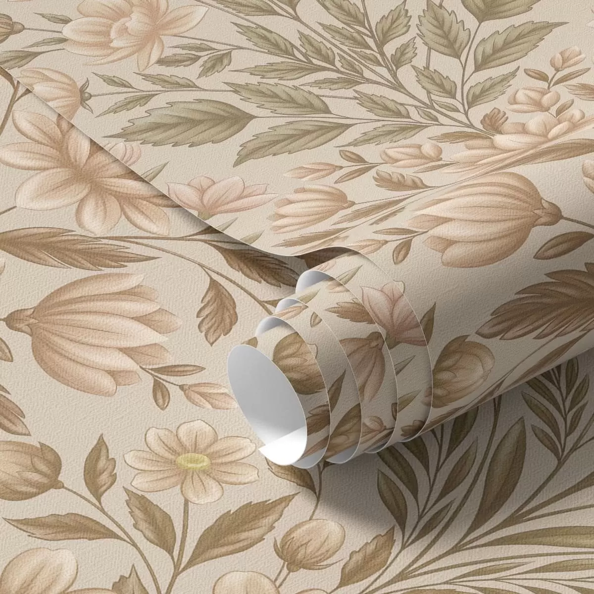 Carta da parati Fiori di pesco e foglie verde oliva su uno sfondo beige a01279v1