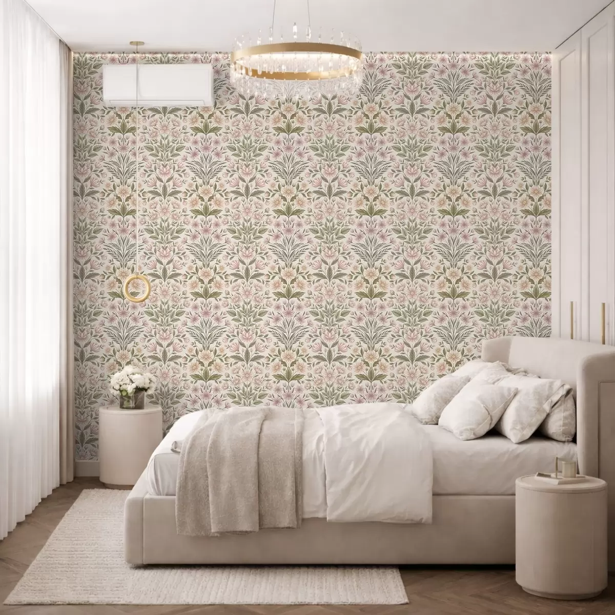 Carta da parati Fiori rosa tenue e foglie verde oliva su uno sfondo chiaro a01279v2