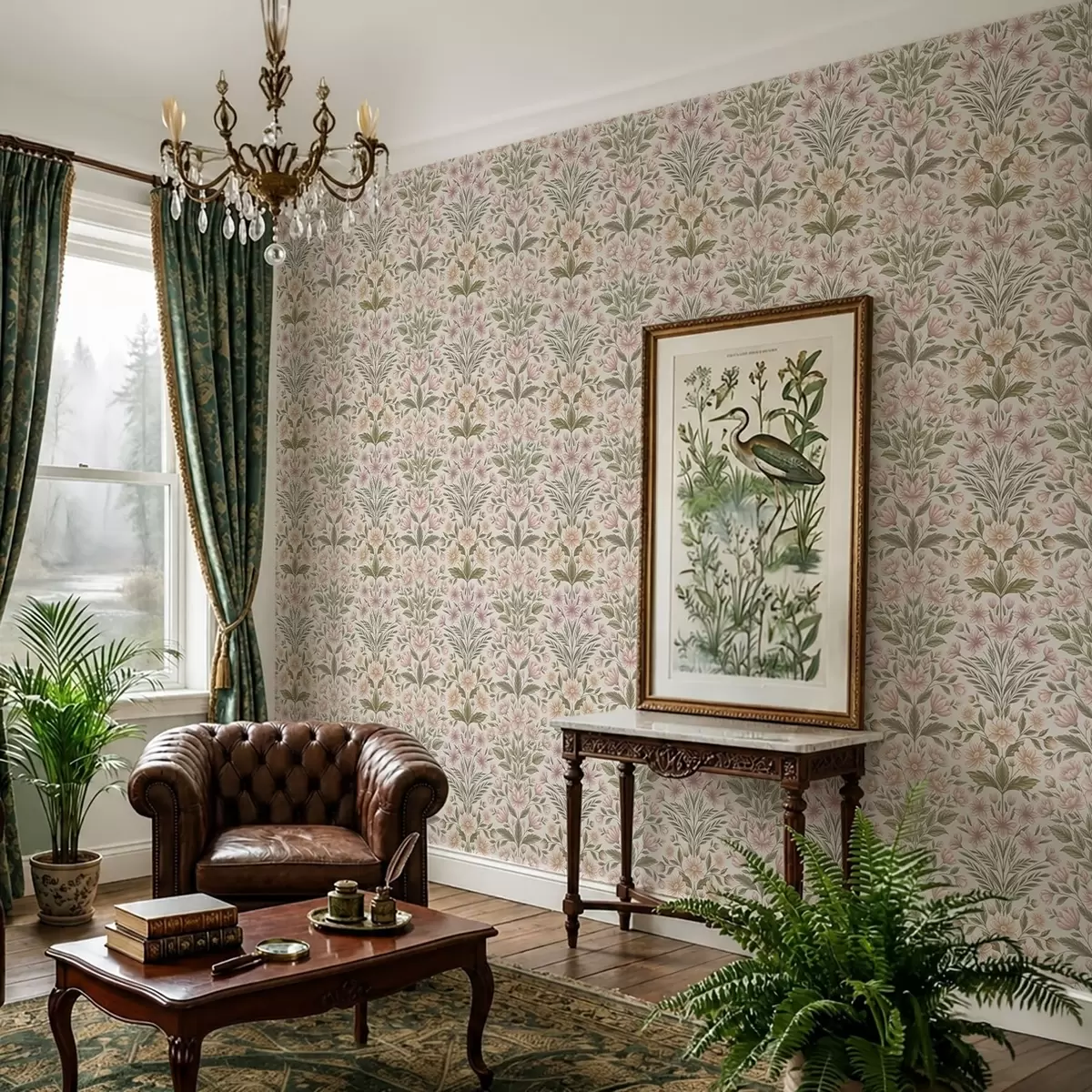 Carta da parati Fiori rosa tenue e foglie verde oliva su uno sfondo chiaro a01279v2