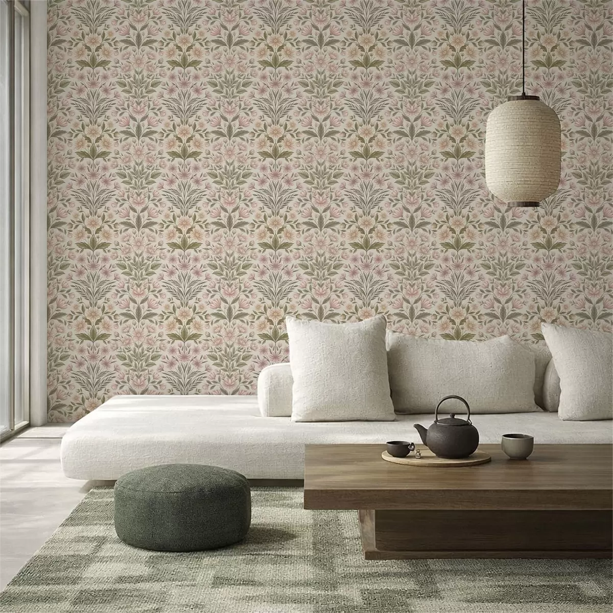 Carta da parati Fiori rosa tenue e foglie verde oliva su uno sfondo chiaro a01279v2