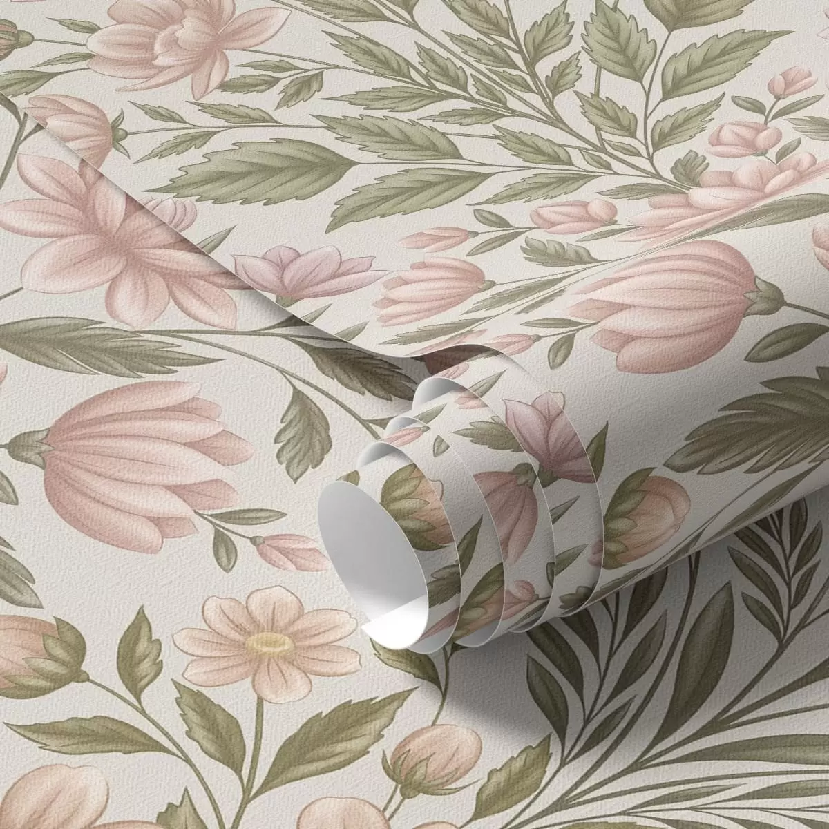 Carta da parati Fiori rosa tenue e foglie verde oliva su uno sfondo chiaro a01279v2