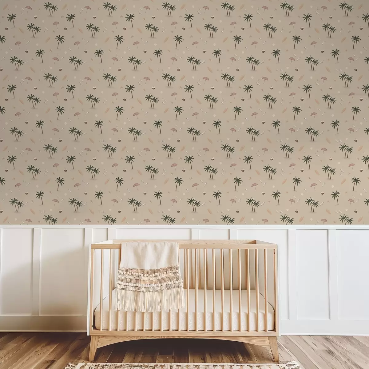 Carta da parati Palme tropicali, uccelli e ombrelli rosa su uno sfondo beige a01280v2