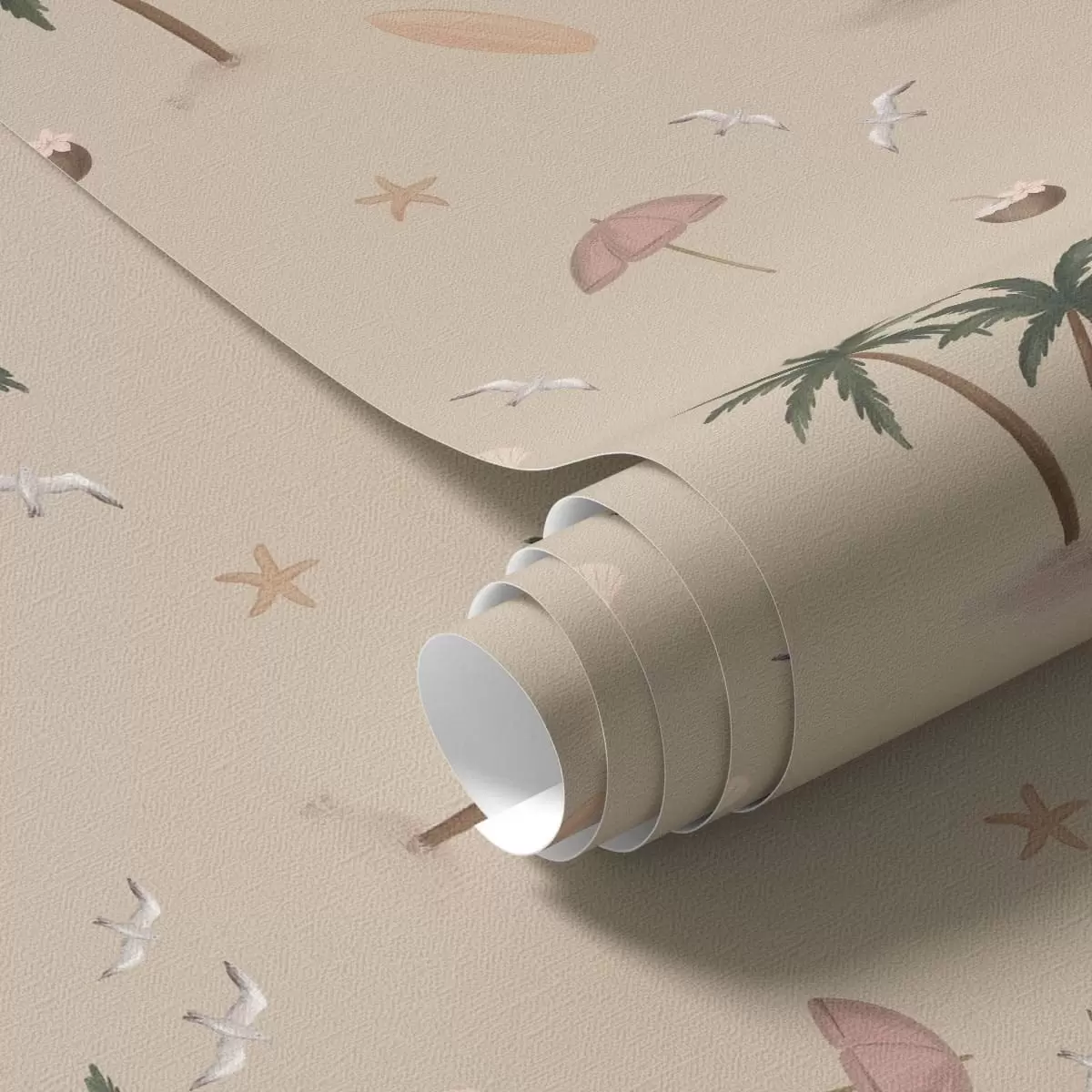 Carta da parati Palme tropicali, uccelli e ombrelli rosa su uno sfondo beige a01280v2