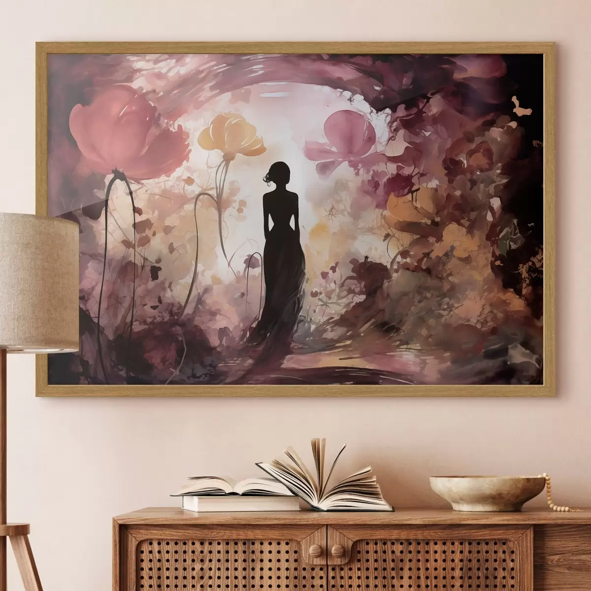 Poster Sagoma di una donna in un giardino fiabesco in fiore f51081