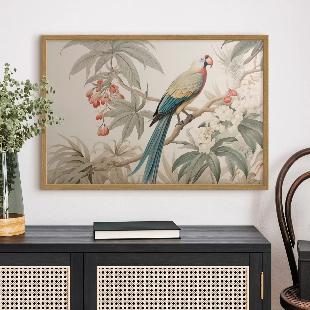 Poster Pappagallo tropicale su un ramo in fiore f51094