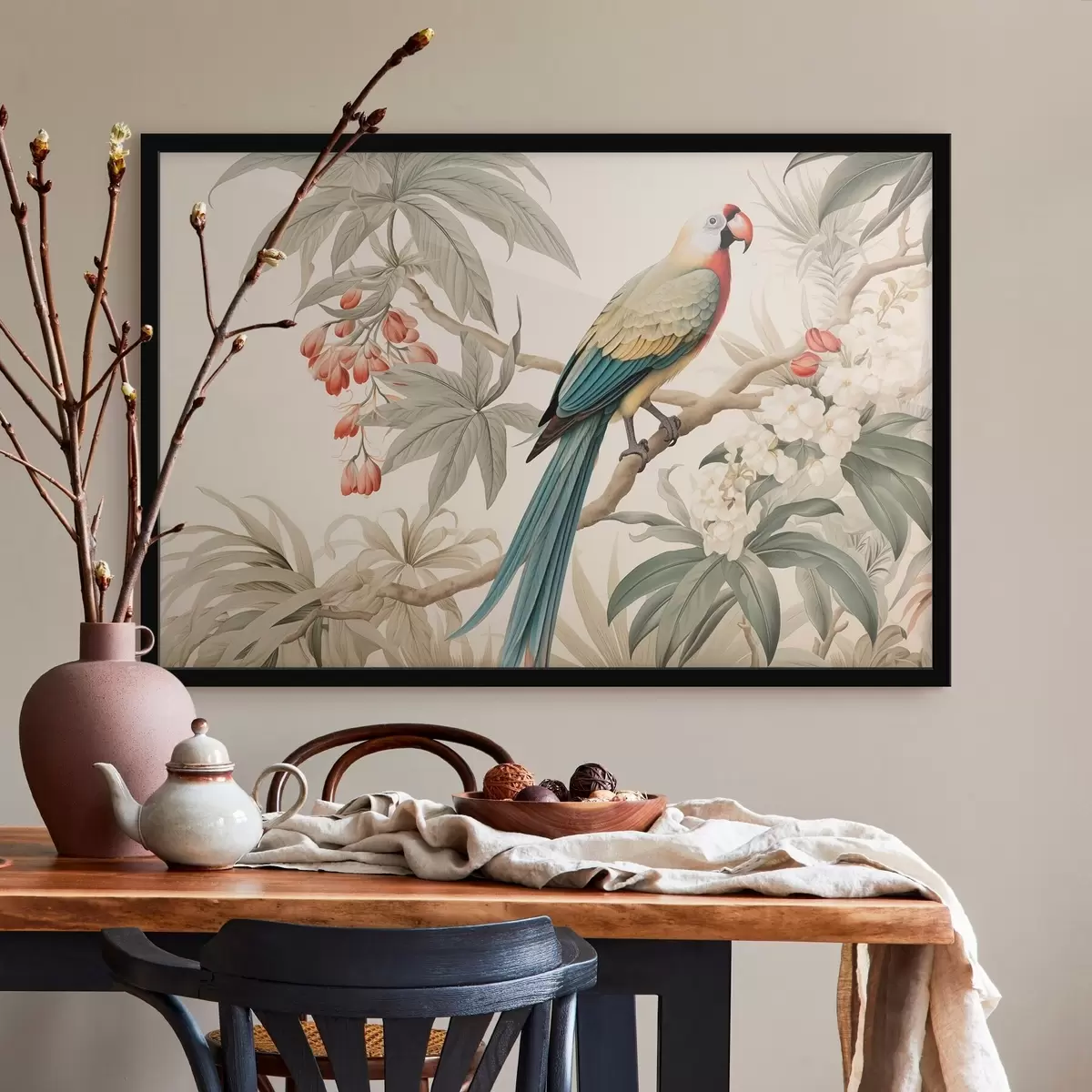 Poster Pappagallo tropicale su un ramo in fiore f51094