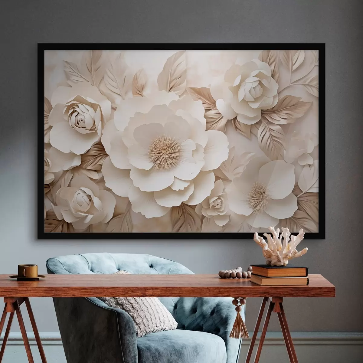 Poster Rilievo in gesso 3D con fiori bianchi f51096