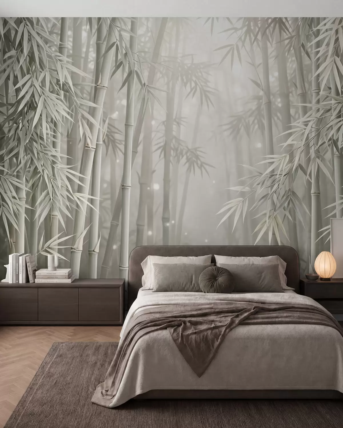 carta da parati Una mistica foresta di bambù avvolta da una leggera nebbia, con tenui tonalità di verde oliva e bianco latte nr. w10090
