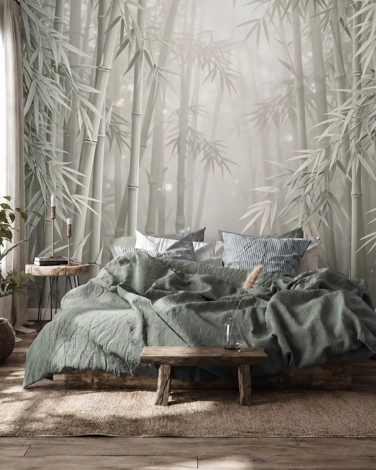 carta da parati Una mistica foresta di bambù avvolta da una leggera nebbia, con tenui tonalità di verde oliva e bianco latte nr. w10090