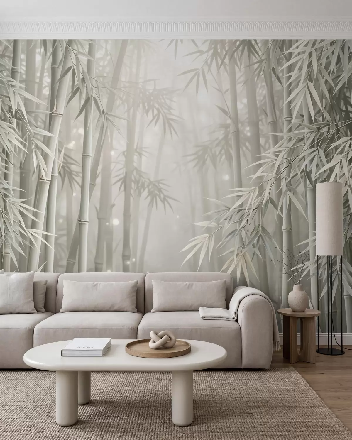 carta da parati Una mistica foresta di bambù avvolta da una leggera nebbia, con tenui tonalità di verde oliva e bianco latte nr. w10090