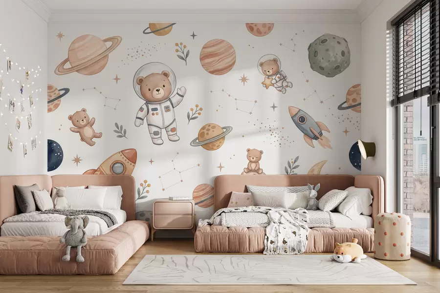 carta da parati Simpatici orsacchiotti astronauti tra pianeti, razzi e stelle, in uno stile morbido dai colori pastello che ricorda l’acquerello nr. w10096