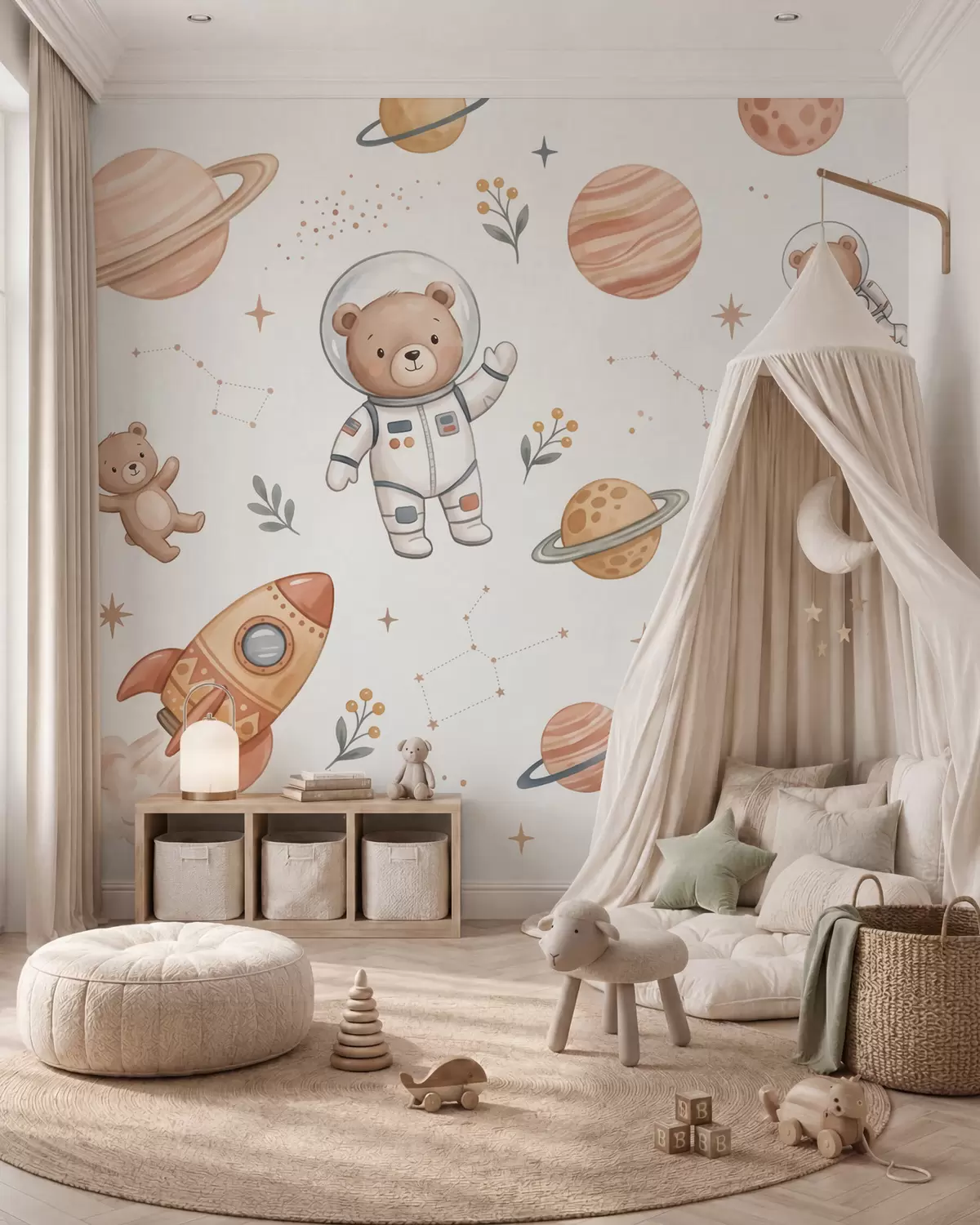 carta da parati Simpatici orsacchiotti astronauti tra pianeti, razzi e stelle, in uno stile morbido dai colori pastello che ricorda l’acquerello nr. w10096