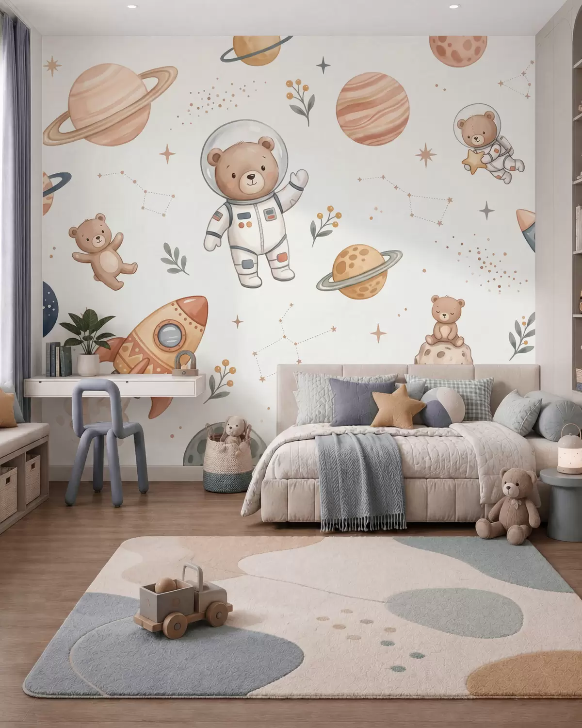 carta da parati Simpatici orsacchiotti astronauti tra pianeti, razzi e stelle, in uno stile morbido dai colori pastello che ricorda l’acquerello nr. w10096