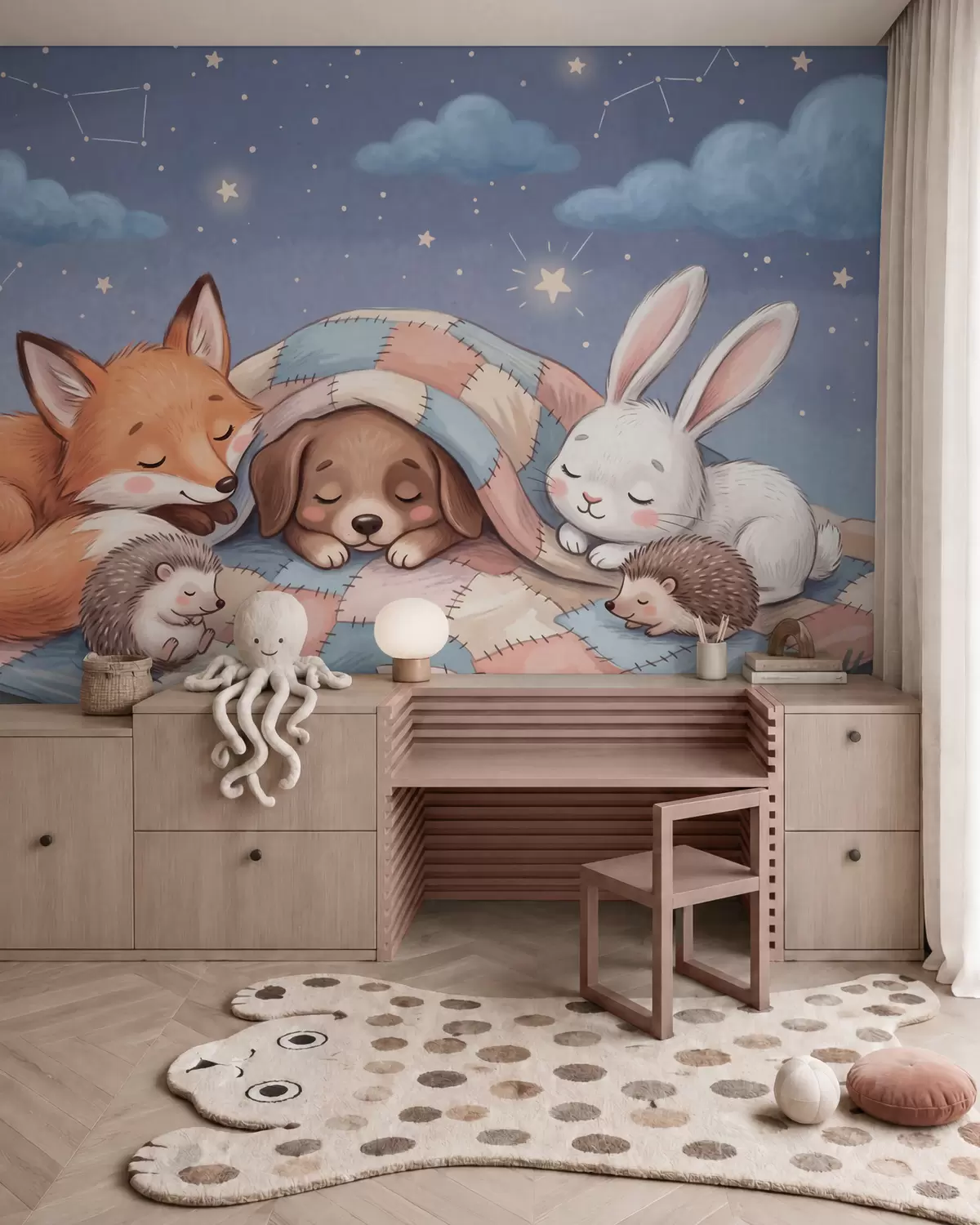 carta da parati Animali del bosco dal carattere stravagante che dormono sotto un cielo stellato su un'accogliente coperta patchwork in un'affascinante illustrazione ad acquerello nr. w10098