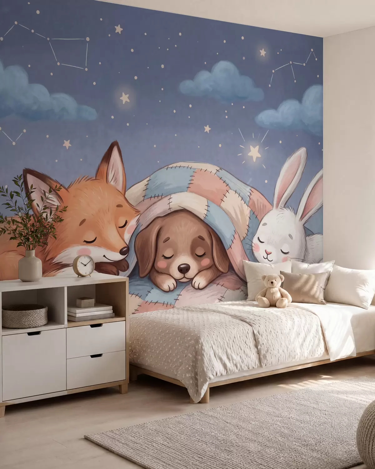 carta da parati Animali del bosco dal carattere stravagante che dormono sotto un cielo stellato su un'accogliente coperta patchwork in un'affascinante illustrazione ad acquerello nr. w10098