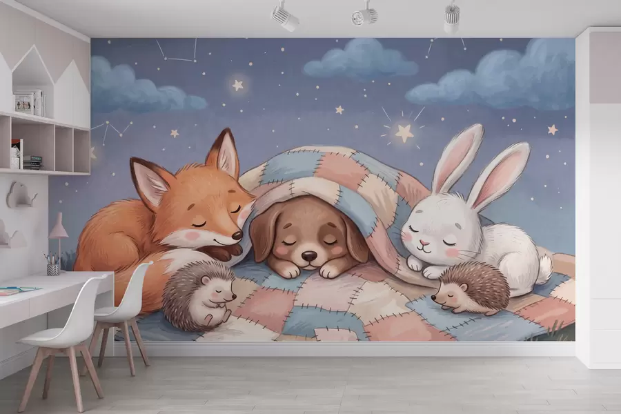 carta da parati Animali del bosco dal carattere stravagante che dormono sotto un cielo stellato su un'accogliente coperta patchwork in un'affascinante illustrazione ad acquerello nr. w10098
