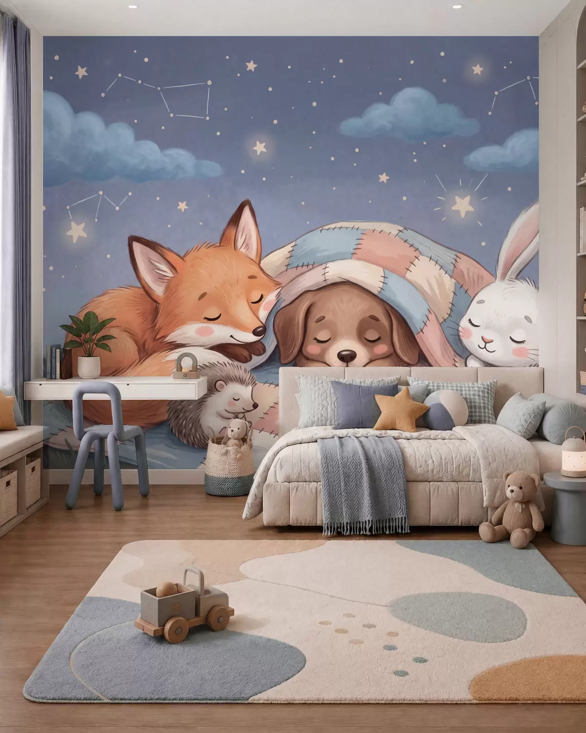 carta da parati Animali del bosco dal carattere stravagante che dormono sotto un cielo stellato su un'accogliente coperta patchwork in un'affascinante illustrazione ad acquerello nr. w10098