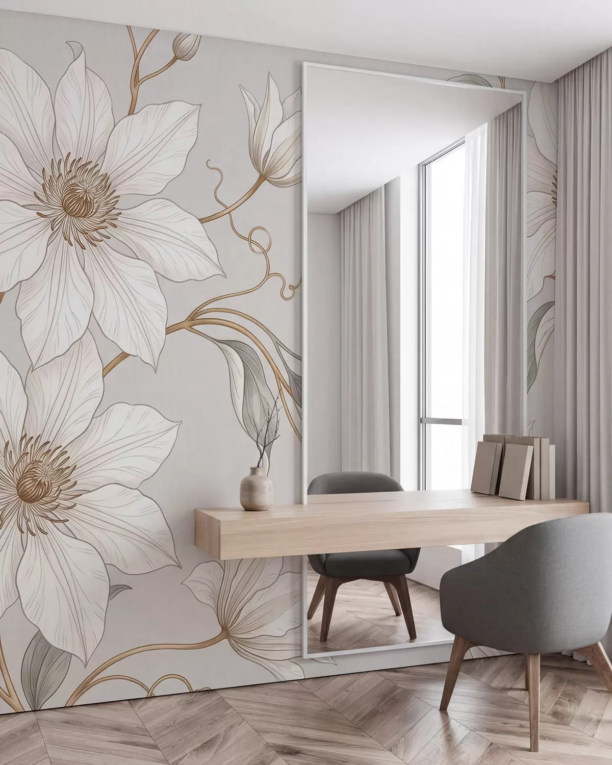 carta da parati Eleganti fiori bianchi in stile botanico con rami delicati nr. w10099