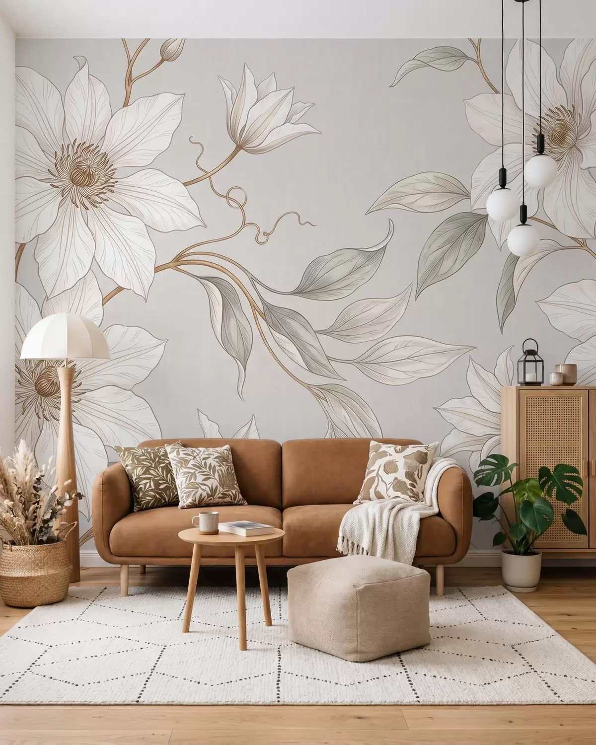 carta da parati Eleganti fiori bianchi in stile botanico con rami delicati nr. w10099