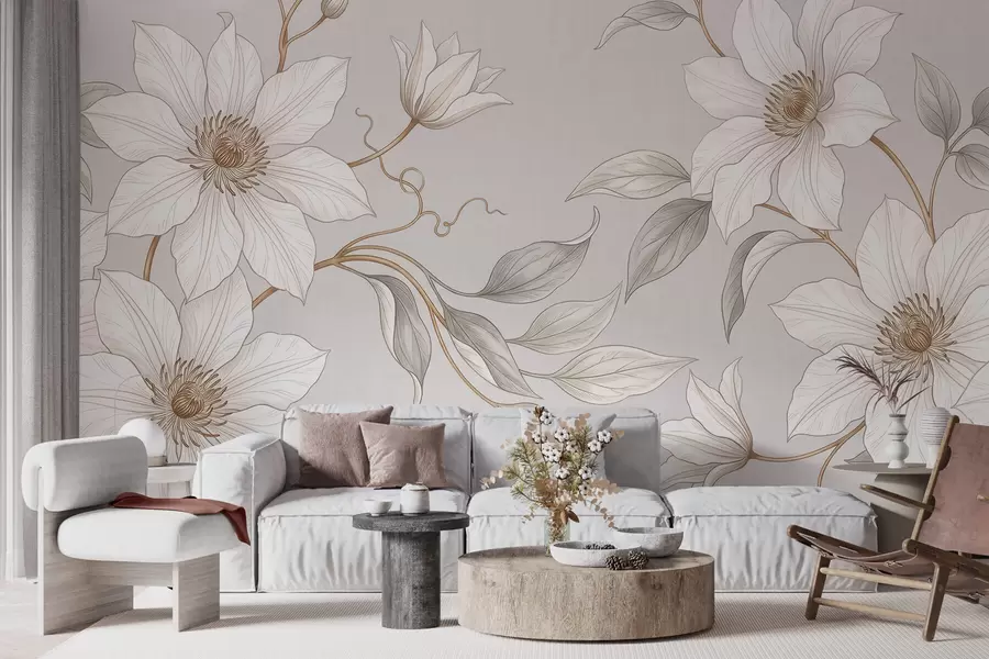 carta da parati Eleganti fiori bianchi in stile botanico con rami delicati nr. w10099