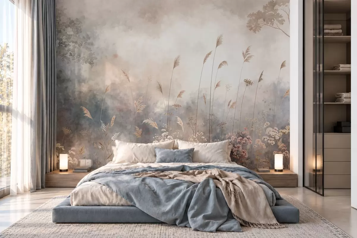 carta da parati Fiori selvatici ed erbe alte in un paesaggio avvolto dalla nebbia nr. w05959