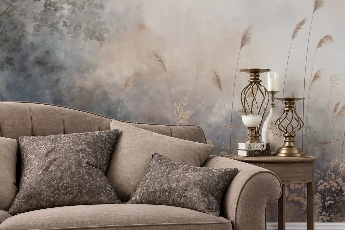 carta da parati Fiori selvatici ed erbe alte in un paesaggio avvolto dalla nebbia nr. w05959