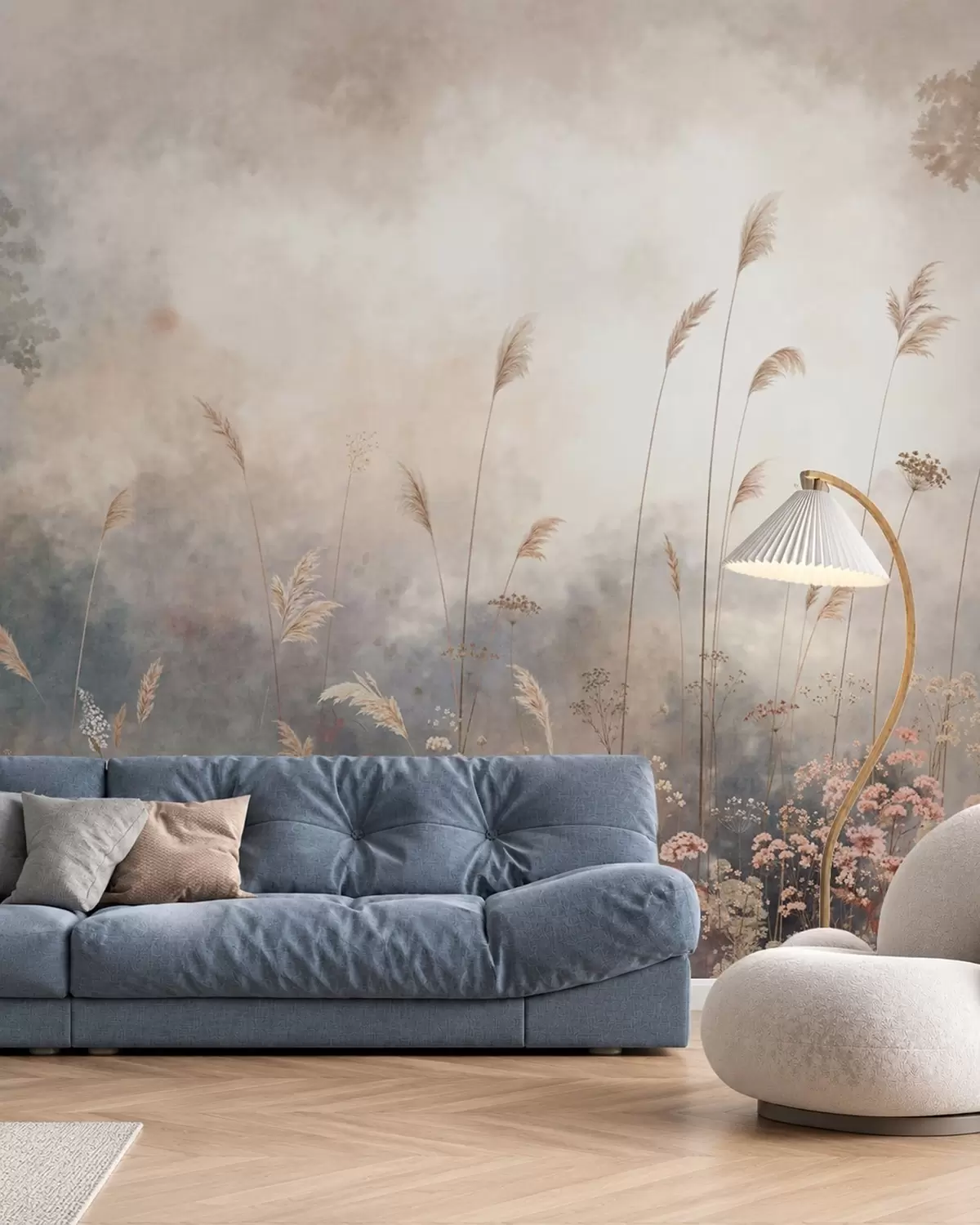 carta da parati Fiori selvatici ed erbe alte in un paesaggio avvolto dalla nebbia nr. w05959