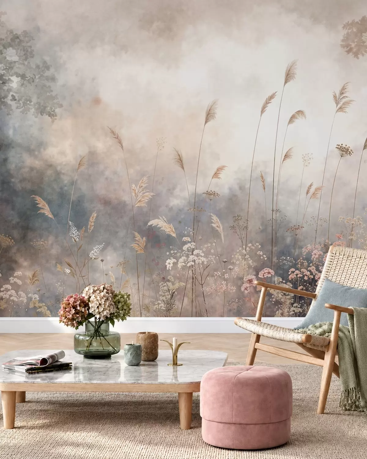 carta da parati Fiori selvatici ed erbe alte in un paesaggio avvolto dalla nebbia nr. w05959