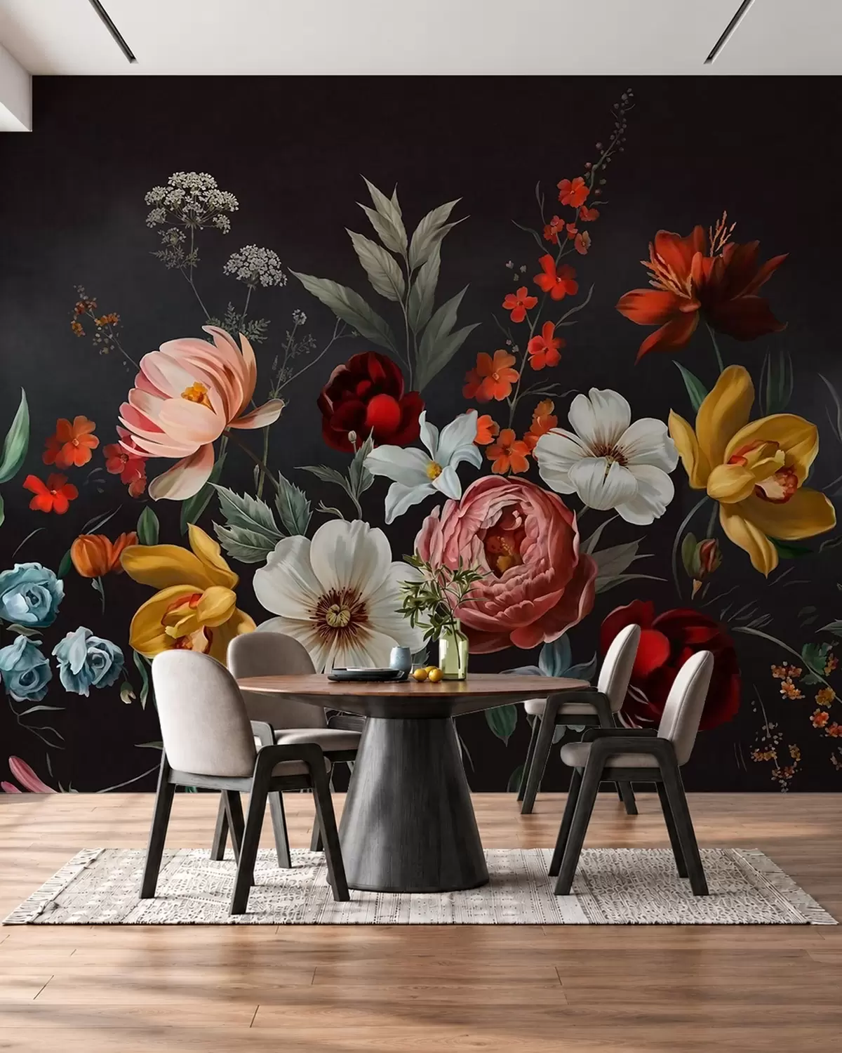 carta da parati Ricca composizione di fiori colorati su uno sfondo scuro nr. w05960