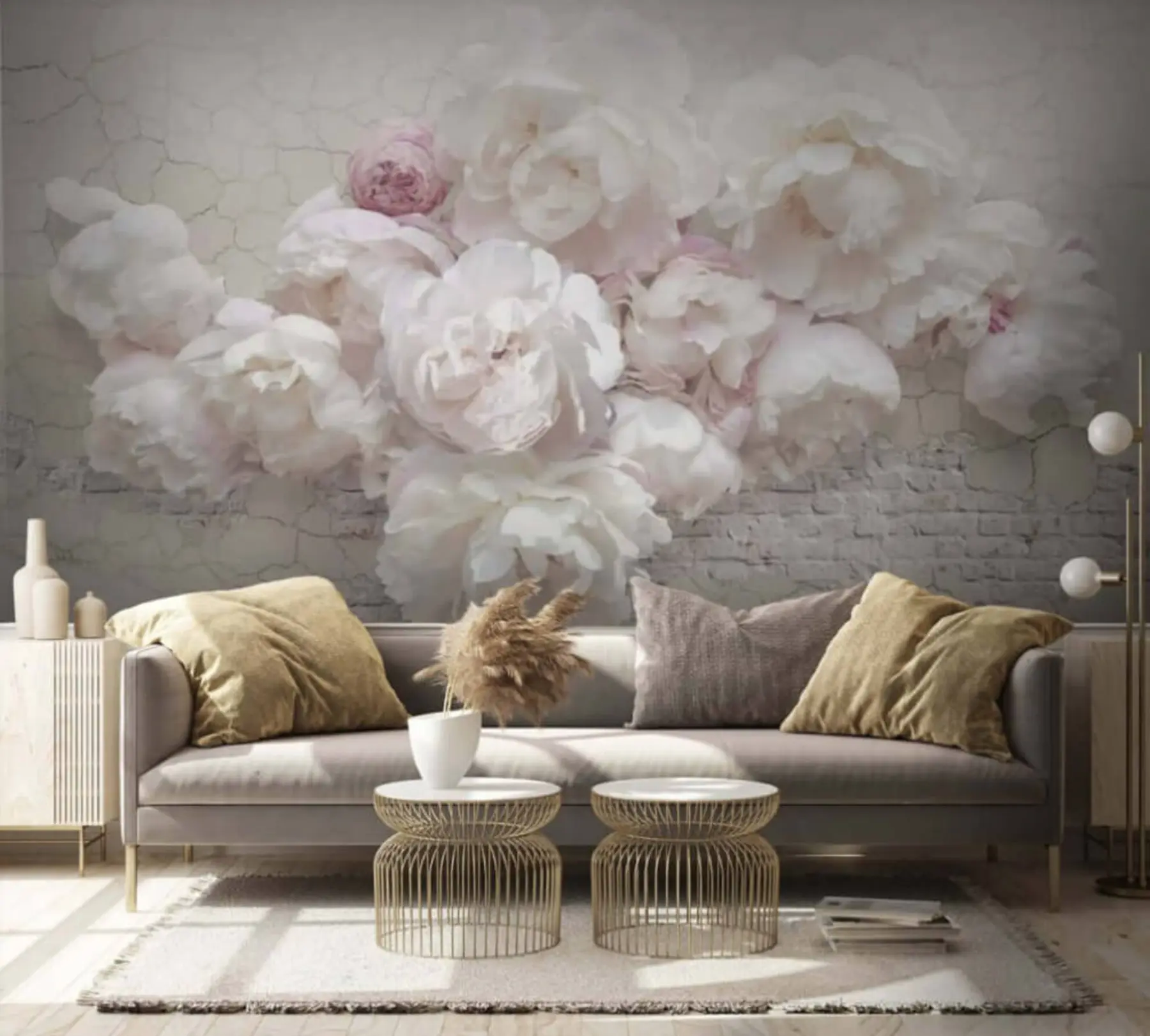 Carta da parati Floreale Peonie bianche su un muro di mattoni n. u59598