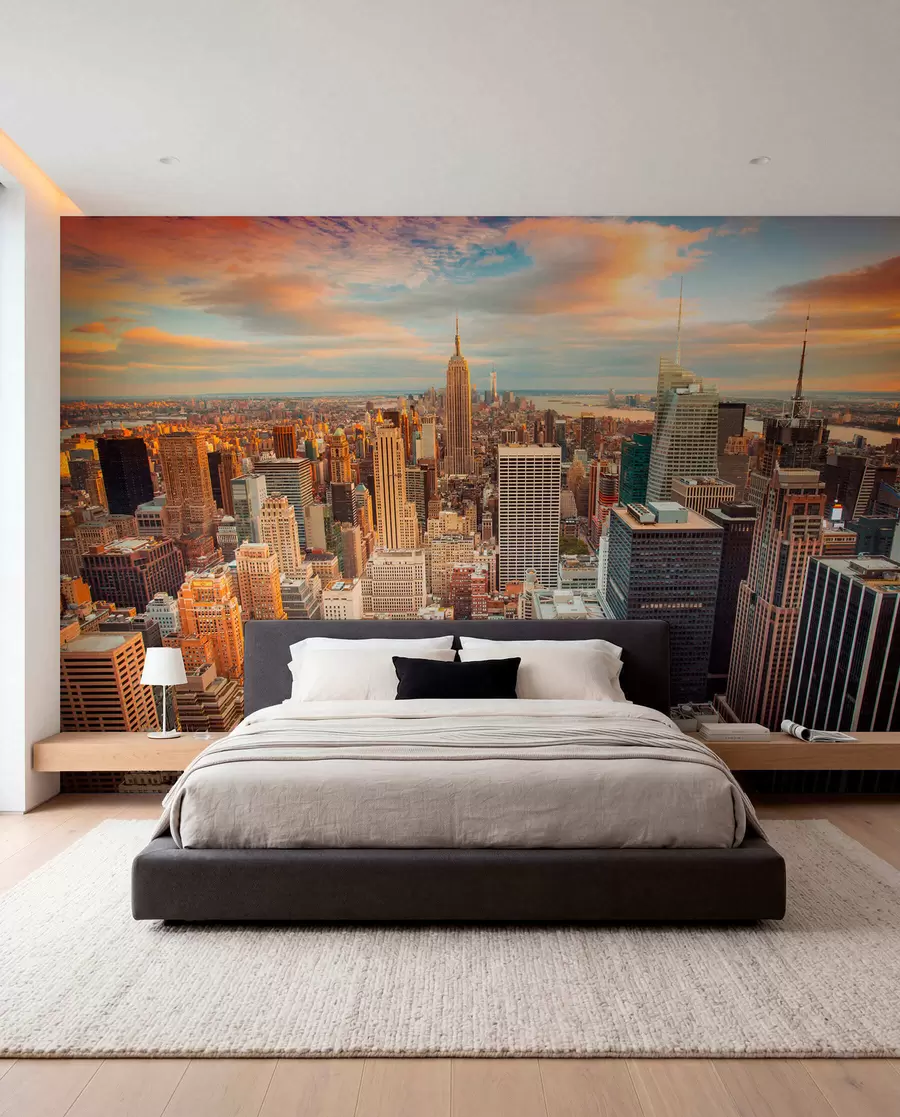 Carta da parati con la vista di città Vista aerea al tramonto di New York 