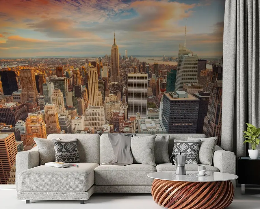 Carta da parati con la vista di città Vista aerea al tramonto di New York 