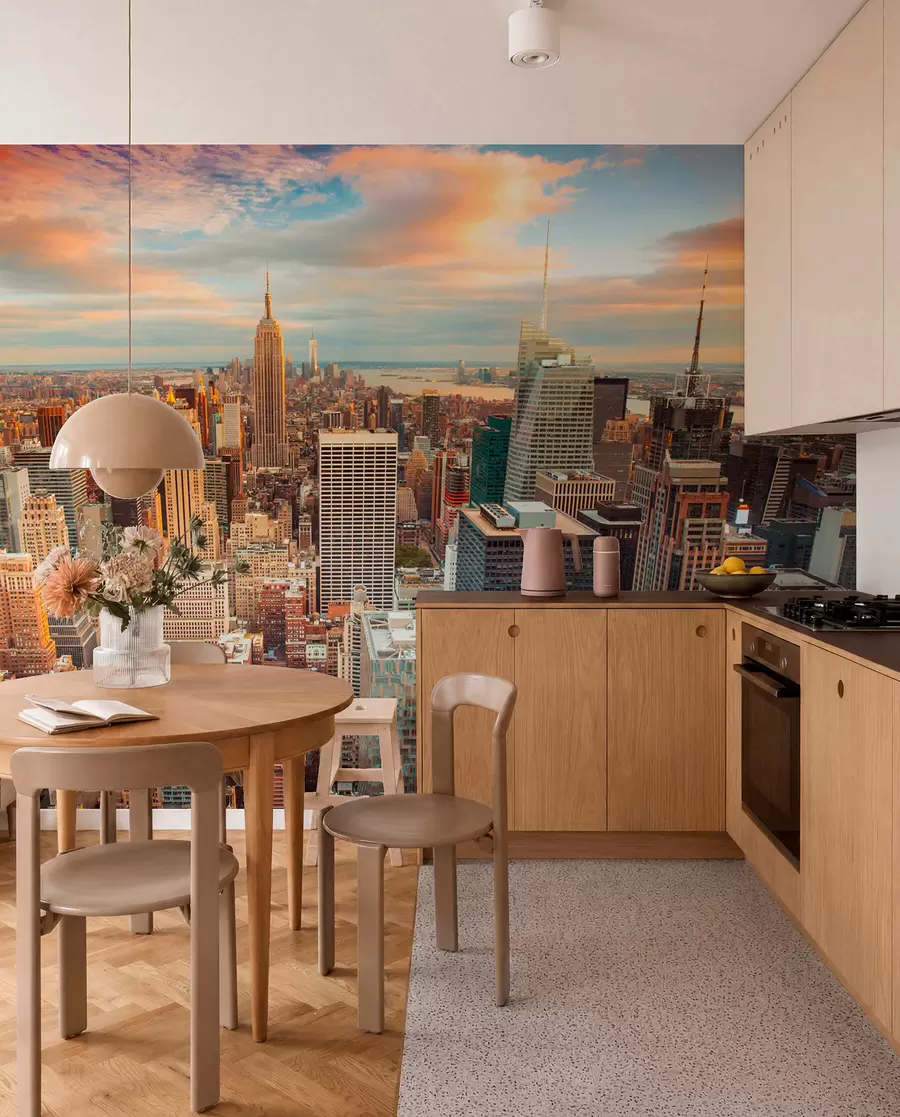 Carta da parati con la vista di città Vista aerea al tramonto di New York 