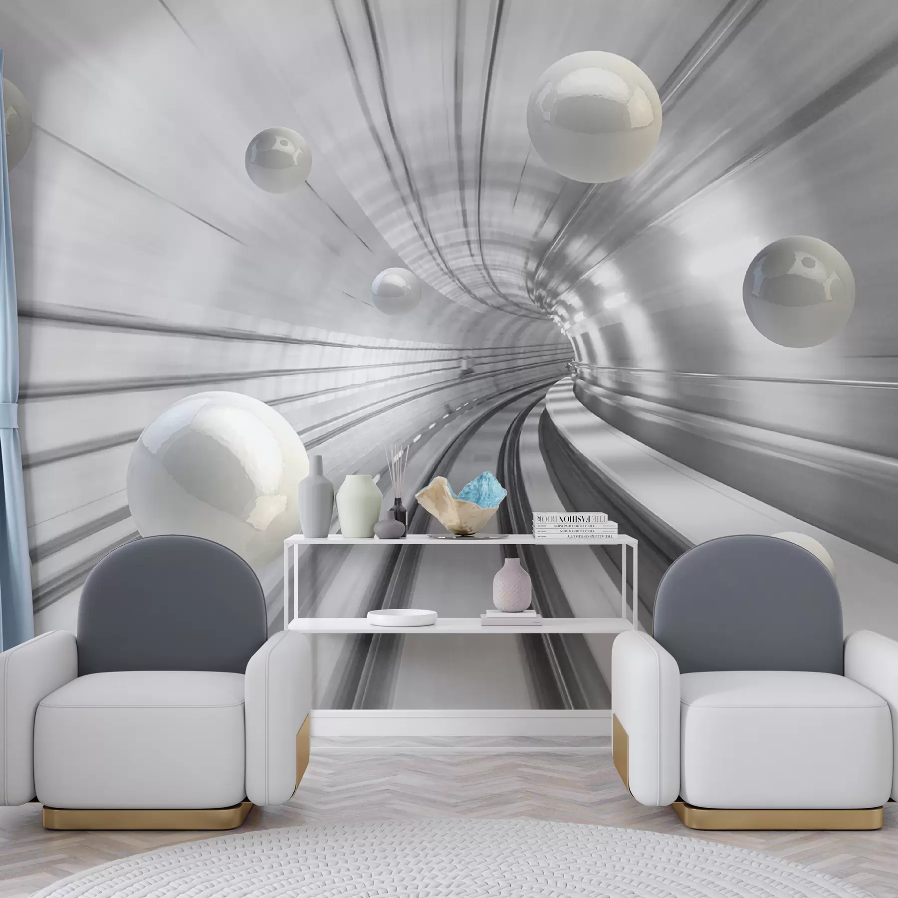 Carta da parati che aumenta lo spazio Tunnel con sfere lucide