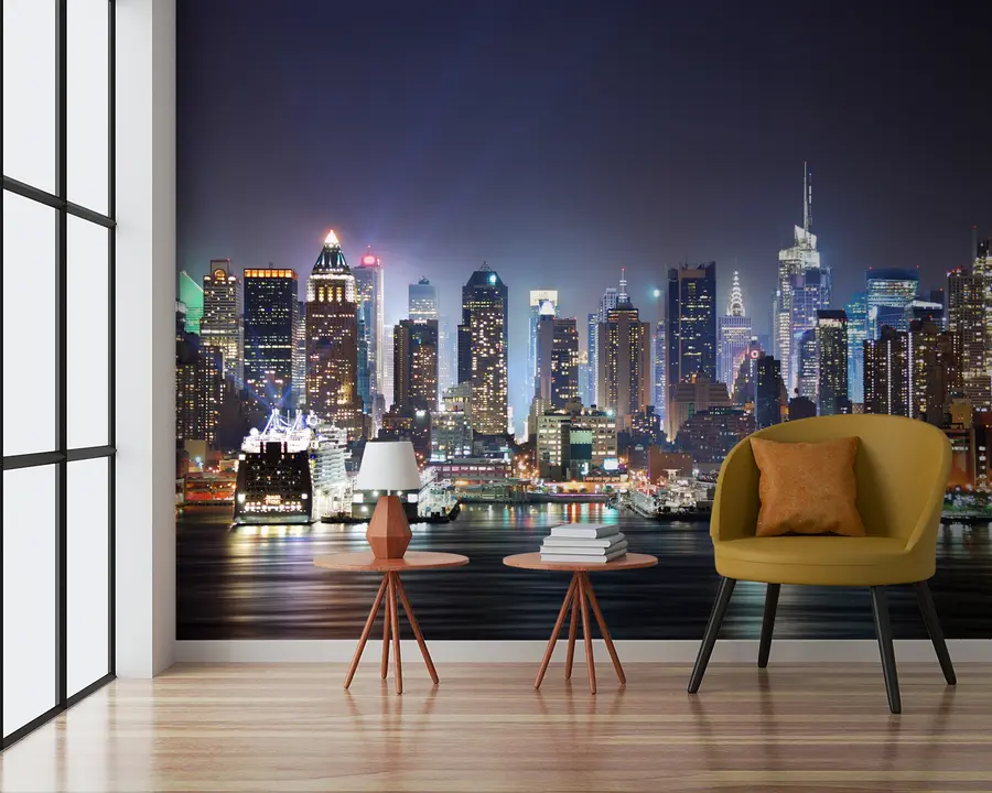 Carta da parati con la vista di città Edificio, grattacielo e acqua 